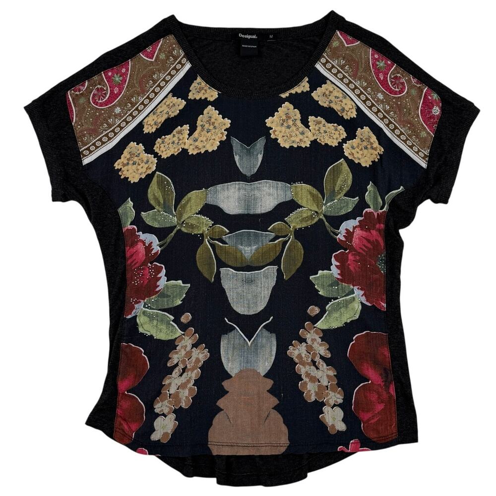 Desigual Mixed Media Floral Print T-Shirt Top Made in Spain Size M Boho